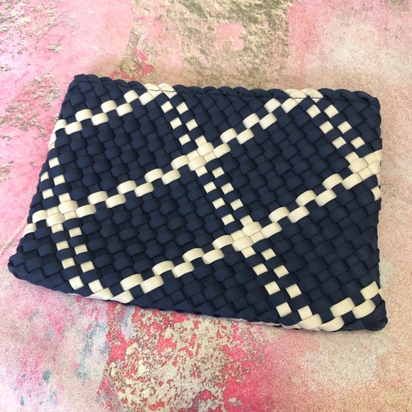 Naghedi Handbags - Naghedi St. Barths Plaid Pouch in Ink Blue and Ecru